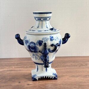 Hand-Painted Russian Gzhel Samovar, Blue and White Ceramic, Decorative Teapot